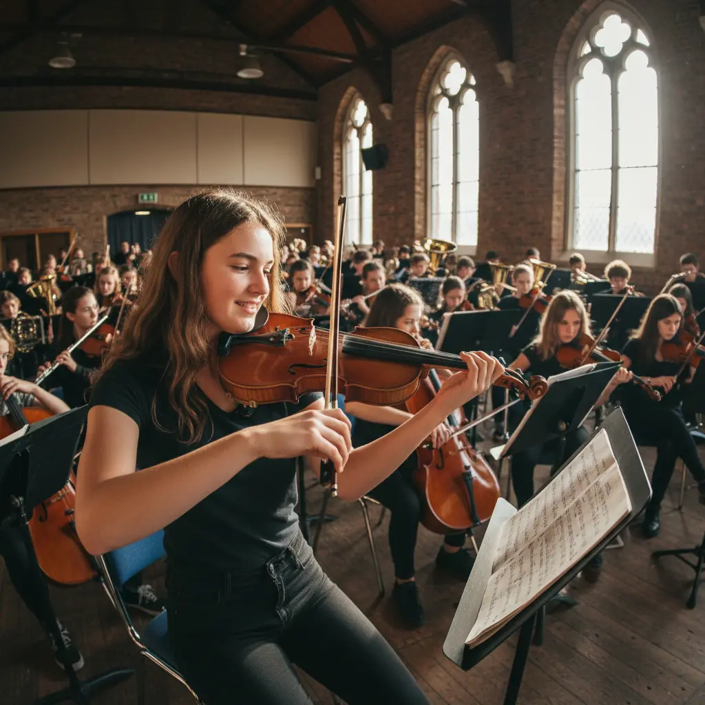 Student playing violin in a school orchestra rehearsal with other musicians