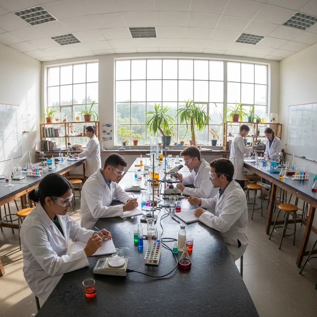 Students working on science experiment in a bright classroom with safety goggles