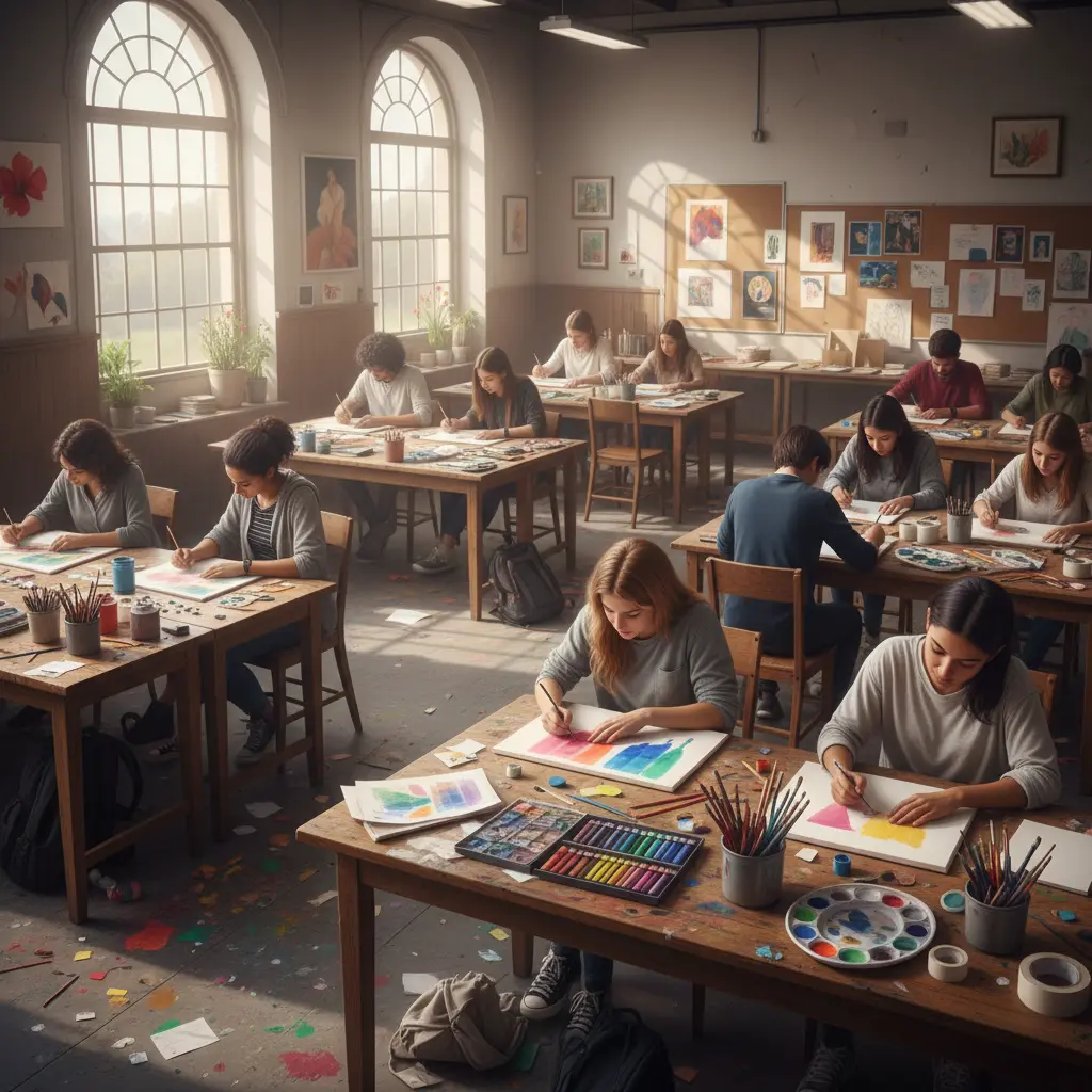 Students working on art projects in class