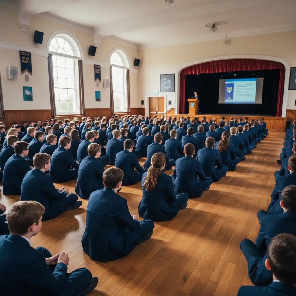 School assembly with young students in gymnasium