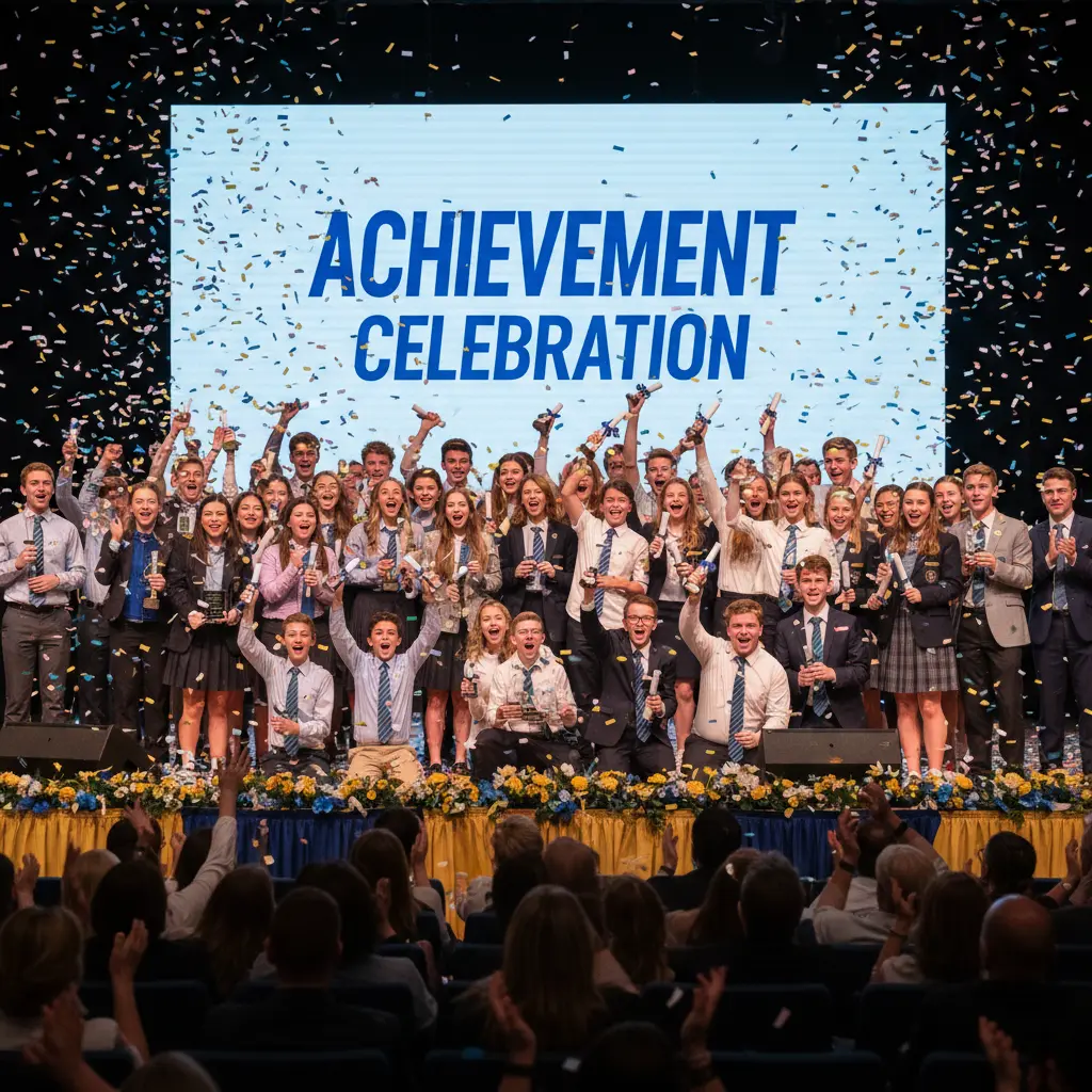 Students receiving academic achievement awards at a school assembly