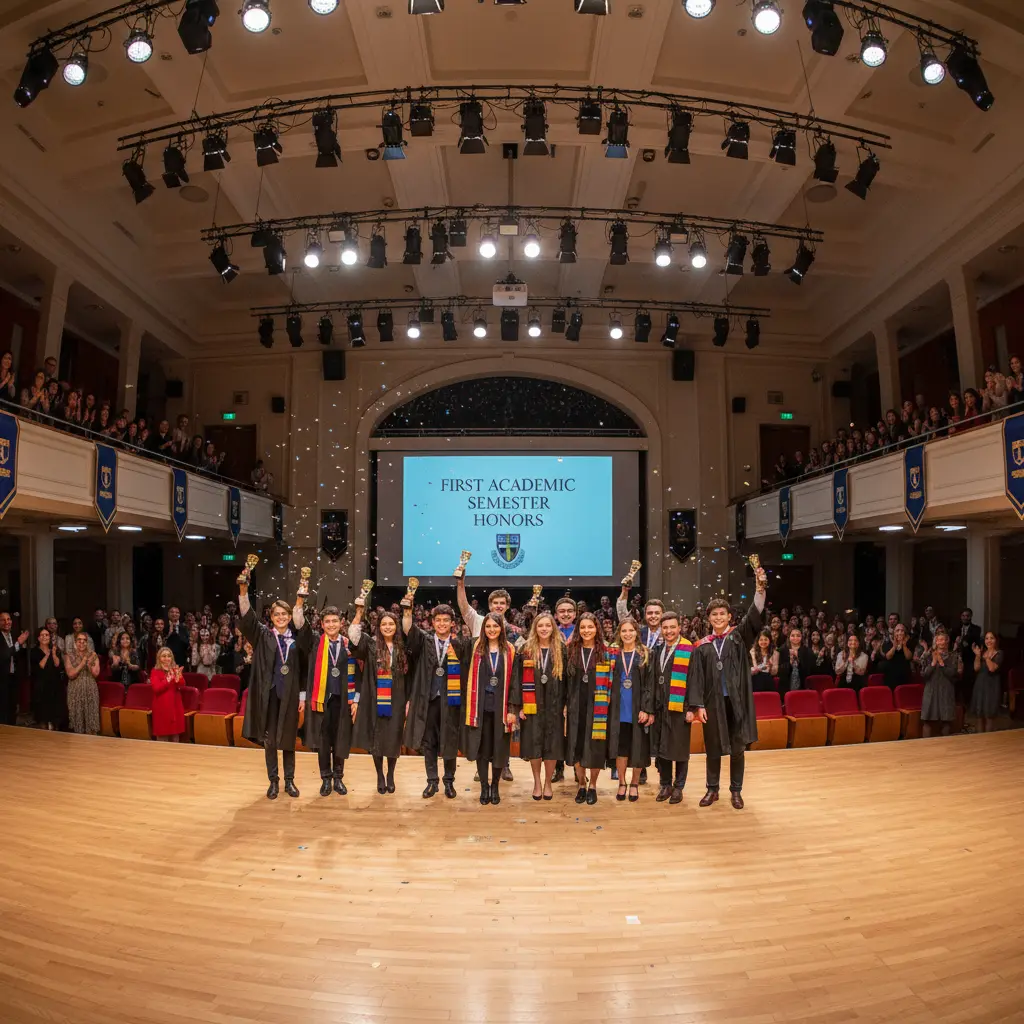 High school graduation ceremony with students in caps and gowns receiving diplomas on stage