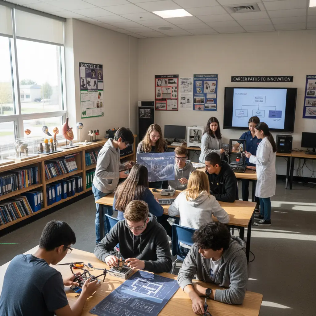 Sunnybrook High School students in a bright modern classroom engaged in collaborative learning