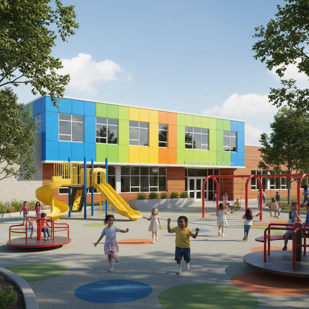Willowbrook Elementary School colorful exterior with playground equipment visible
