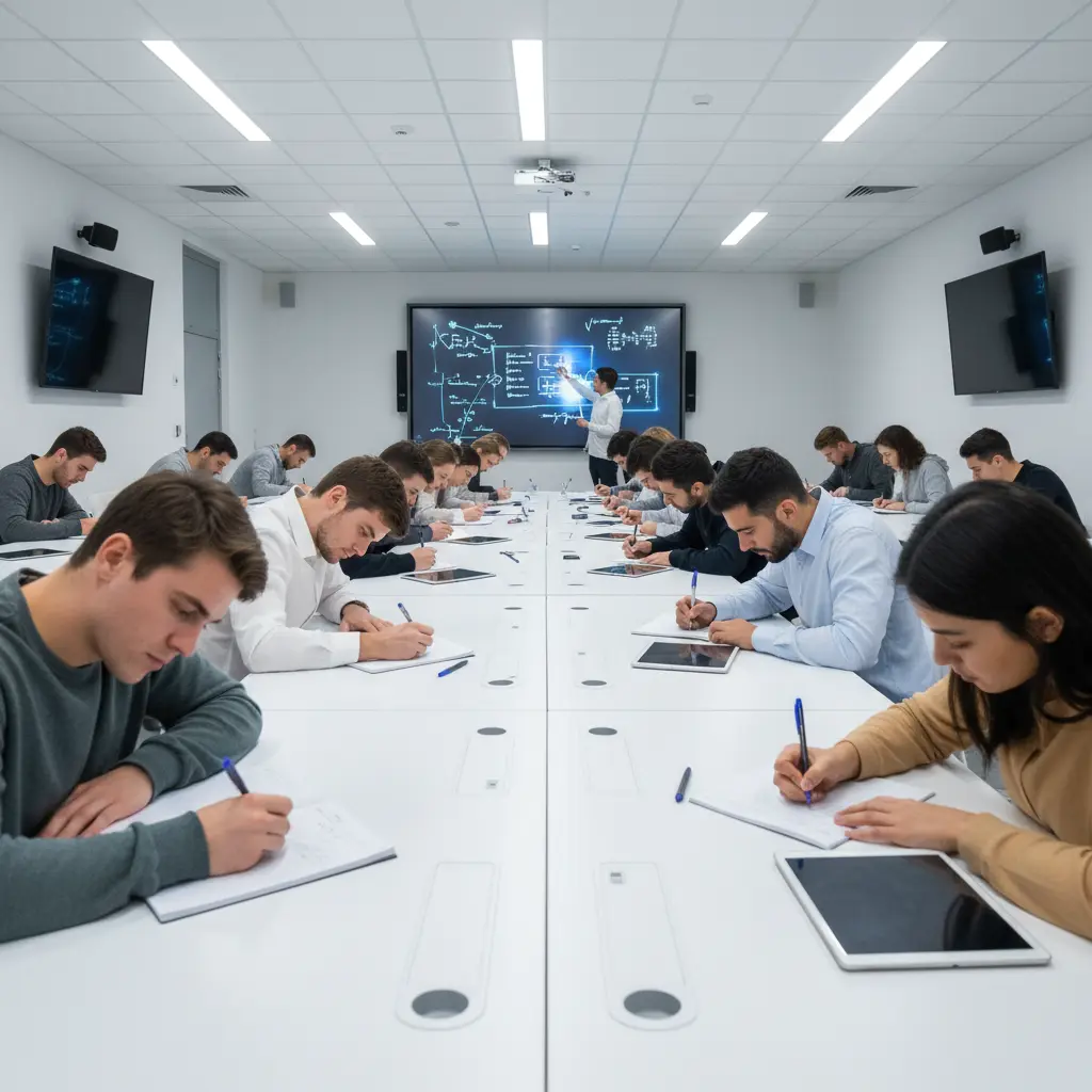 Teacher writing on whiteboard while students take notes in a modern classroom