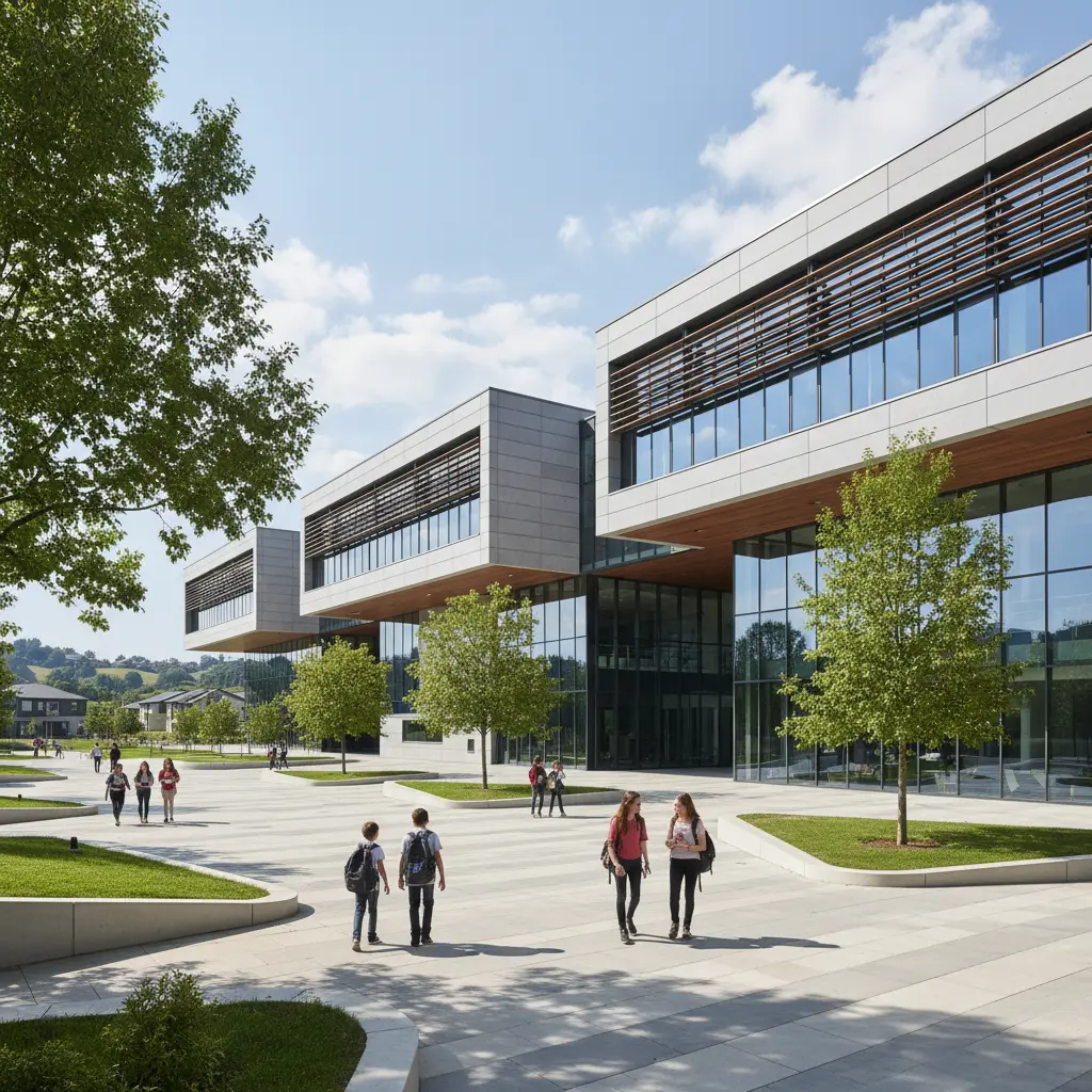Modern school building exterior with students gathered on the front steps