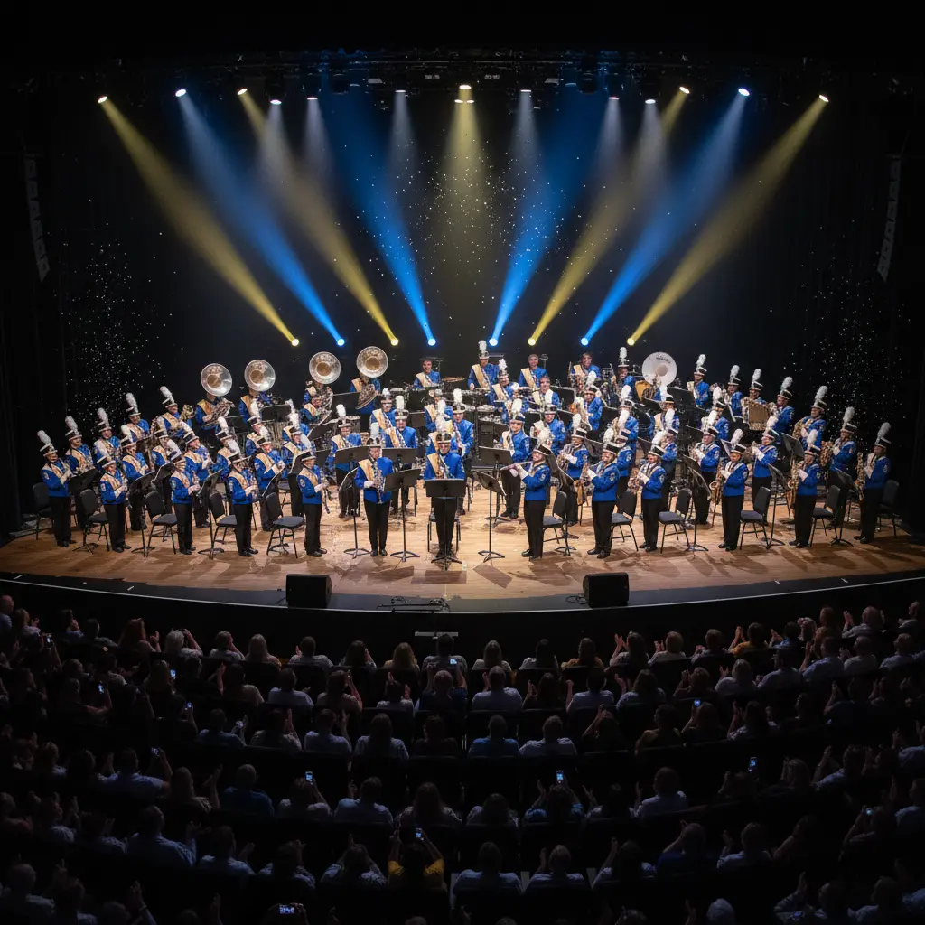 High school band students performing on stage at a concert with audience watching