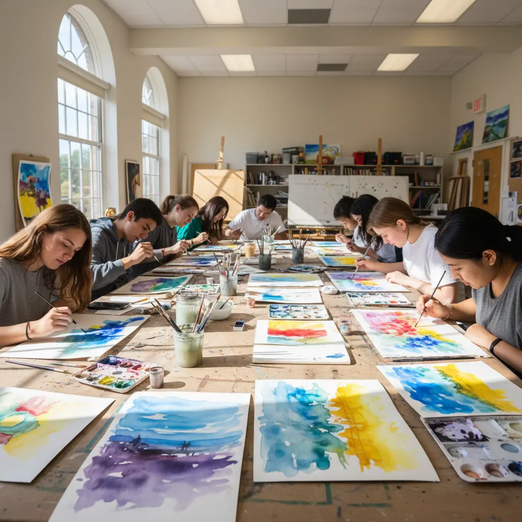 Student painting colorful artwork in art class