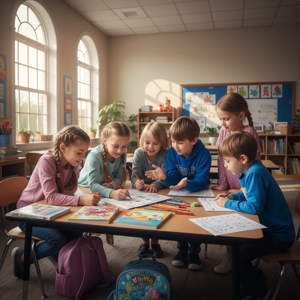 Elementary school children working together on a project at their desks